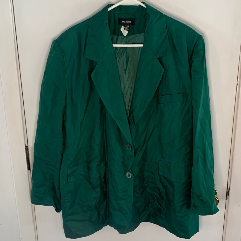 Silk House spruce green silk oversized blazer with shoulder pads Size 18